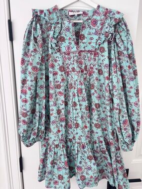 Sea Floral Mini Dress in Mint with Pink & Purple Blooms - worn once! XL